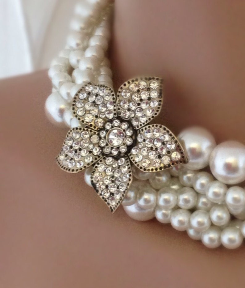 All Luxurious, All Timeless 30%SALE SA Bridal Pearl Statement Necklace, Rhinestone Brooch image 5