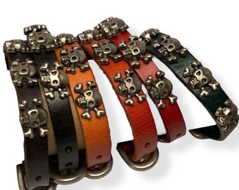Handcrafted genuine leather bracelet with metal skull studs, rock-punk style,adjustable, multiple colors
