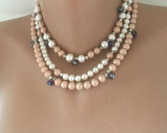 All Luxurious, All Timeless + 30%SALE 3 Strands Powder Blush Glass Pearl Necklace with Freshwater Pearls and Crystals