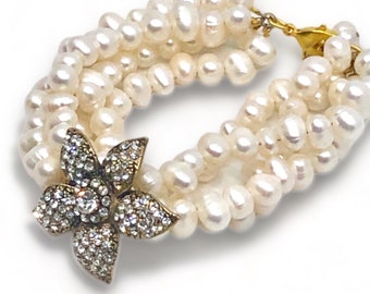 Bijoux de mariée, bracelet de perles d'eau douce en forme de riz à plusieurs rangs faits main