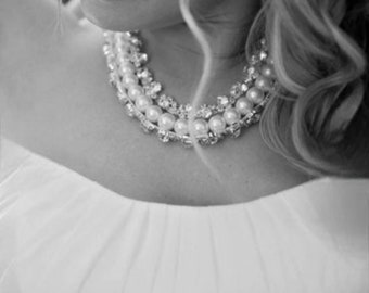 All Luxurious, All Timeless + 30%SALE SA- Pearl Rhinestone Choker Necklace and Rhinestone Bridal Earrings