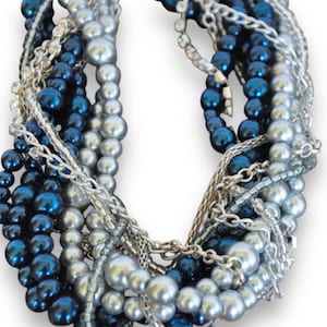 Pearl Necklace, Nautical Wedding Jewelry, Chunky Pearl Necklace,Silver Navy Wedding Theme, Beaded Necklace