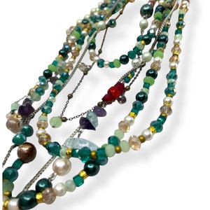 Handmade , Boho Style  Chic, Multi Strand Layered Green and Burgundy Shades Multi Color Necklace