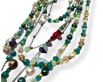 Handmade , Boho Style  Chic, Multi Strand Layered Green and Burgundy Shades Multi Color Necklace