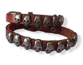 Handmade Leather Skull Bracelet: Punk Rock Wristband, Adjustable