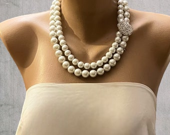 Handmade double strands pearl necklace with rhinestone brooch