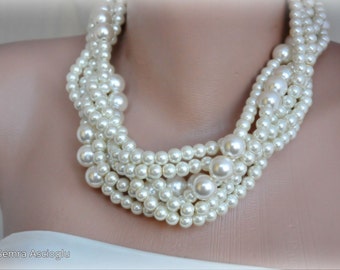 All Luxurious, All Timeless + 30%SALE SA- Bridal Jewelry, Bold Ivory Braided Glass Pearl Necklace