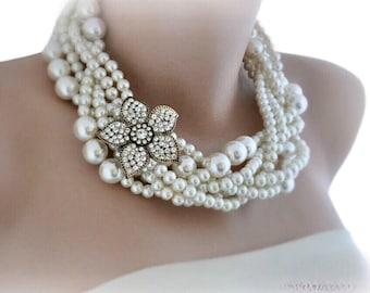 Beige Pearl Necklace: Rhinestone Flower Brooch, Braided Wedding Jewelry