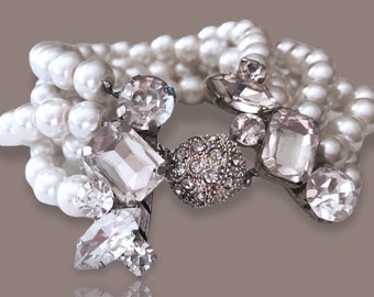 New, Handmade 5 Strands Glass Pearl Bracelet, Bridal Jewelry