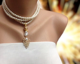 All Luxurious, All Timeless + 30%SALE Handmade 3 Strands Glass Pearl Choker Decorated with Rhinestone and Gold Natural Lava Stone