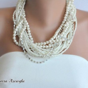 All Luxurious, All Timeless + 30%SALE SA- Bridal Jewelry, Chunky Beaded Layered Ivory Pearl Necklace with Rhinestones brides bridesmaids