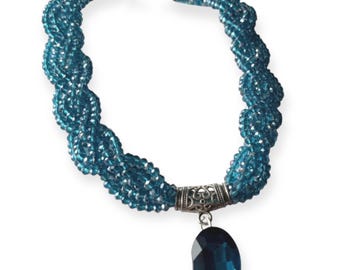 Wedding Choker,  Braided Crystal Choker,Necklace with Blue Gem Pendant