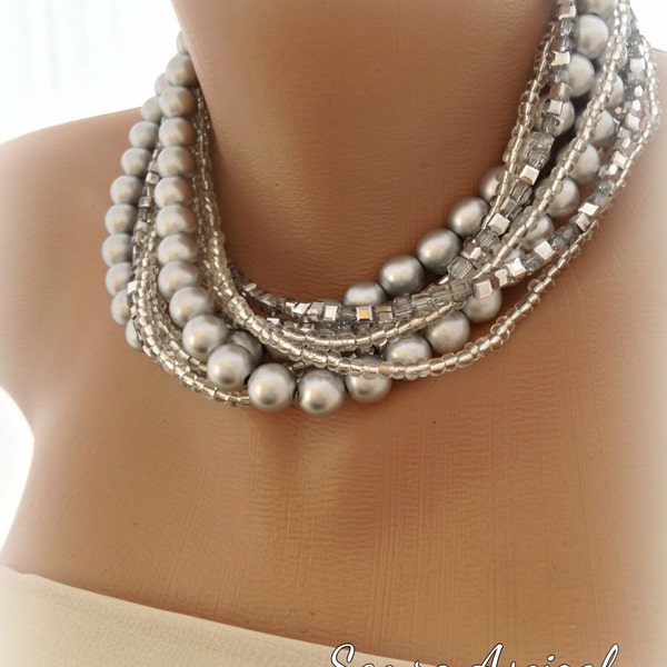 Collar de perlas de plata nupcial grueso hecho a mano con cristal gris brillante