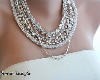 SA- Bridal Jewelry, Handmade Rhinestone Necklace,Bridal Sparkle Necklace Chunky Layered Necklace with Rhinestones