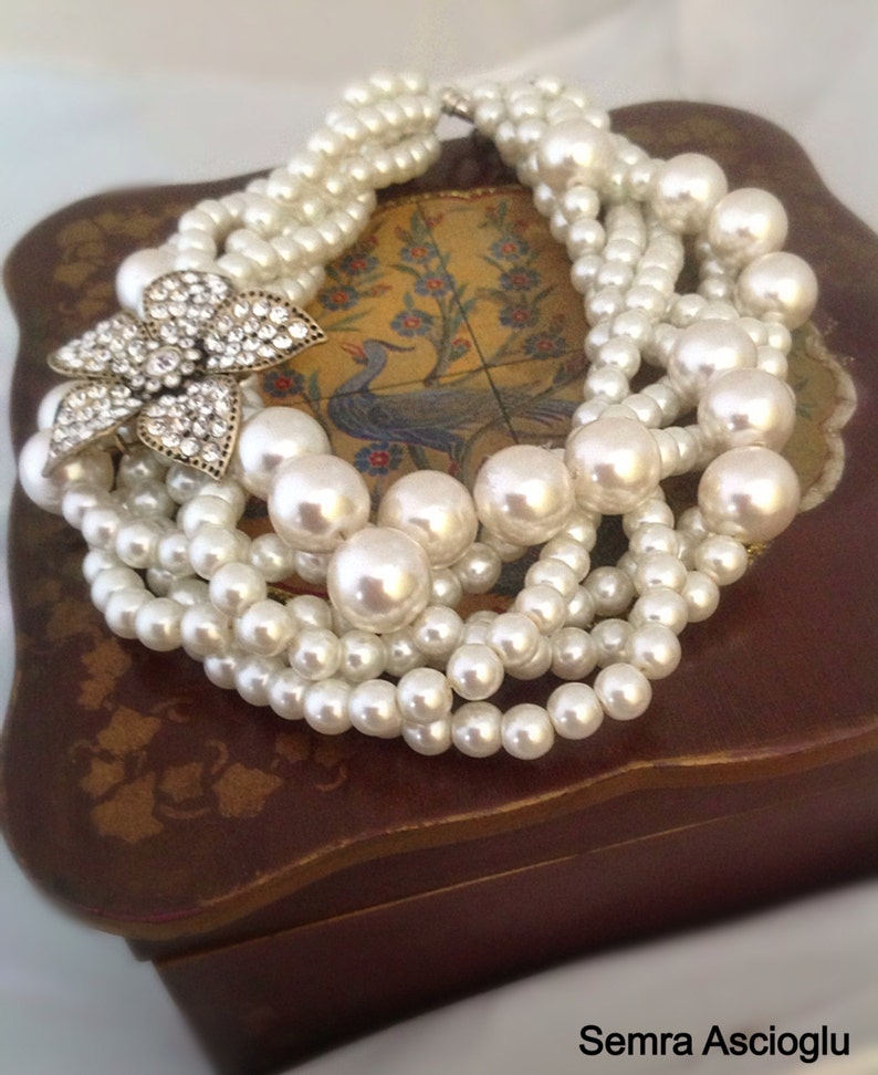 All Luxurious, All Timeless 30%SALE SA Bridal Pearl Statement Necklace, Rhinestone Brooch image 6