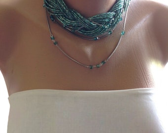 All Luxurious, All Timeless + 30%SALE Sparkle Forest Green Braided Choker With Forrest Green Crystals