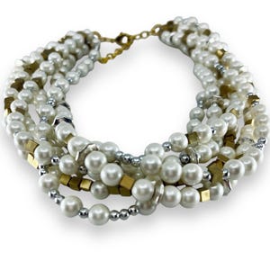 1940s Inspired, Multi Strand Layered Pearl Choker Decorated with Gold and Silver Accents, Street Trends, Cadual Wear Pearl Necklace