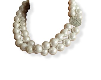 Handmade Bridal Pearl Choker Necklace with Rhinestone Brooch - White Wedding Jewelry - Street Style
