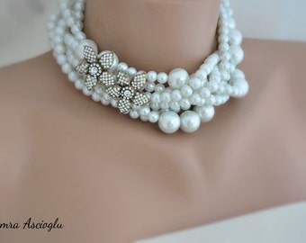 SA- Bridal Jewelry, Chunky Pearl Necklace, Chunky Rhinestone Necklace, Wedding Necklace, Bridal Necklace, rhinestone necklace pearl jewelry,