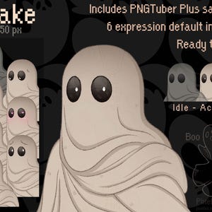 May include: Digital illustration of a ghost character named Obake, with various expressions. The image includes text that says "Includes PNGTuber Plus save file" and "Ready to use!!". The character has large black eyes and a draped, sheet-like appearance.