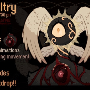 Puede incluir: Ilustración digital de una criatura con cabeza negra, un solo ojo y grandes alas emplumadas. La imagen incluye el texto "Paltry", "Idle animations" y "Includes backdrop!!". La paleta de colores es oscura con acentos rojos y beige.