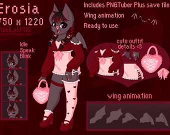 Erosia - PNGTuber dibujado a mano / PNGTuber Plus / Chica murciélago con temática de corazón / Lovecore / Transmisión