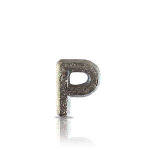 May include: A silver letter P with a textured surface.