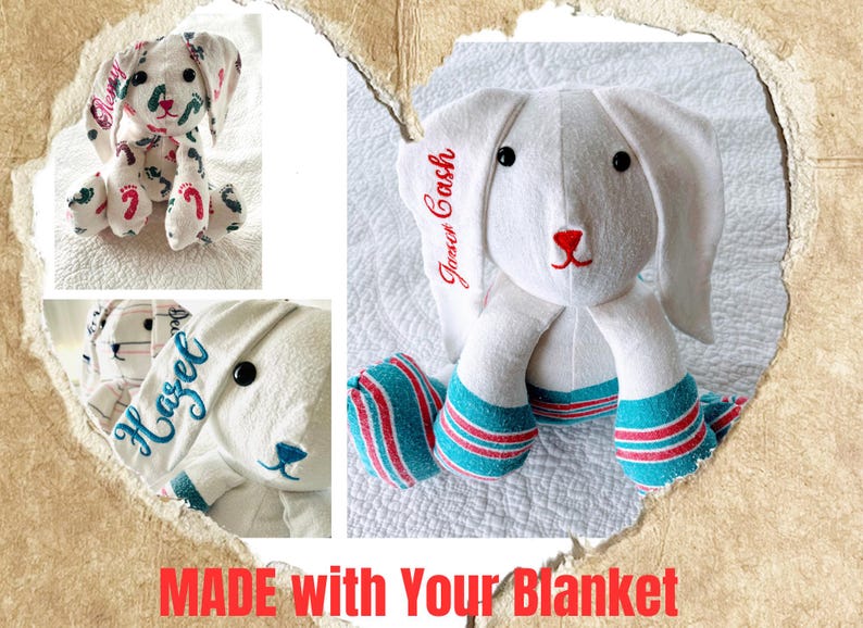 May include: White stuffed bunny with red nose and embroidered name. The bunny's feet and ears are decorated with blue and red stripes. The text "MADE with Your Blanket" is at the bottom of the image.