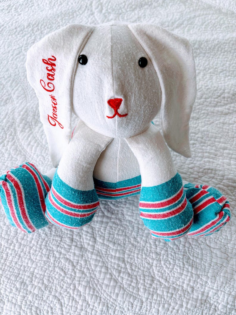 May include: A white plush bunny with long ears, black eyes, and a red nose. The bunny's feet are teal with red and white stripes. The name "Jason Cash" is embroidered in red on one ear. The bunny is a soft toy.