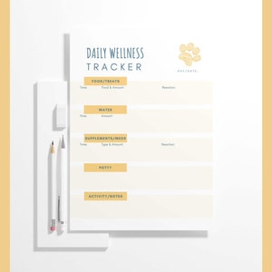 May include: A printable daily wellness tracker for pets, with sections for food, water, supplements, potty, and activity notes. The tracker has a paw print design and is on a white background.