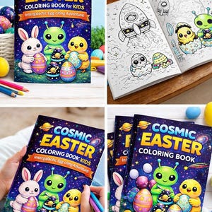 Puede incluir: Un libro para colorear "Cosmic Easter" para niños con temática espacial. La portada presenta un conejo, un extraterrestre y un pollito sosteniendo huevos de Pascua decorados. El libro abierto muestra cohetes espaciales y pollitos alienígenas.