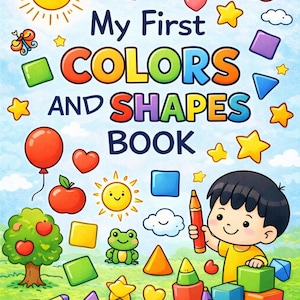 以下が含まれることがあります： 「My First Colors and Shapes Book」というタイトルの子供向け本の表紙。さまざまな形と色、クレヨンを持っている子供のイラストが描かれています。背景は、雲のある水色の空です。