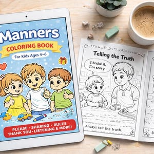 May include: A tablet displays a children's coloring book titled "Manners Coloring Book" with illustrations of children. Open pages show line drawings with text like "Telling the Truth" and "Following Rules." Colored pencils and a coffee cup are on the wooden surface.