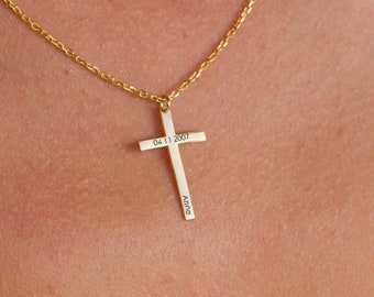 Personalisierte Kreuz Halskette für Sie, Kreuz mit Datum und Name, Benutzerdefinierte Vergoldetes Kreuz, Goldkreuz Erinnerungsgeschenk für Damen