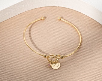 Personalized Friendship Knot Bracelet with Initial and Birthstone Charm Bracelet, Custom Knot Bangle , Mother&#39;s Day Gift , Chrsitmas Gift