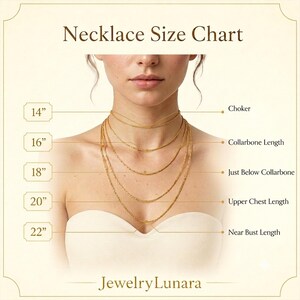 May include: A necklace size chart titled Necklace Size Chart with the brand name JewelryLunara at the bottom. It displays five gold chains of varying lengths from 14 inches to 22 inches, labeled as Choker, Collarbone Length, Just Below Collarbone, Upper Chest Length, and Near Bust Length.