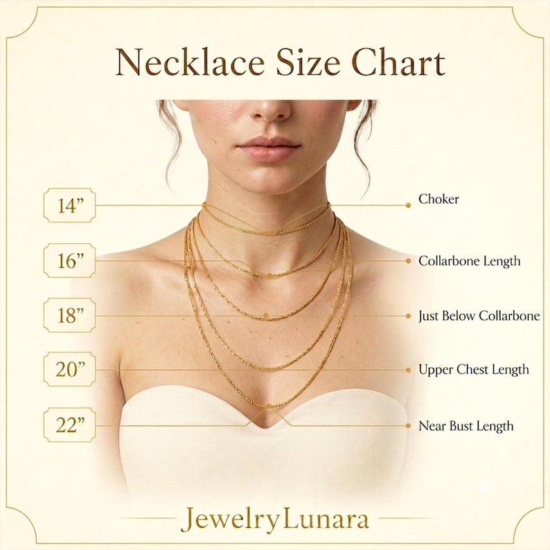 May include: A necklace size chart titled Necklace Size Chart with the brand name JewelryLunara at the bottom. It displays five gold chains of varying lengths from 14 inches to 22 inches, labeled as Choker, Collarbone Length, Just Below Collarbone, Upper Chest Length, and Near Bust Length.