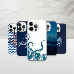 Könnte beinhalten: Eine Auswahl an Handyhüllen mit Oktopus-Designs. Die Hüllen zeigen verschiedene künstlerische Darstellungen von Oktopussen in Blau-, Weiß- und Rosatönen. Designs umfassen ein blau-weißes Zickzackmuster, detaillierte Illustrationen und Ozeanszenen.