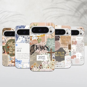 May include: Five smartphone cases featuring collage-style designs with religious text, floral illustrations, butterflies, and crosses. Each case displays unique scripture verses and inspirational phrases in various fonts, colors, and patterns, including blue, beige, and white.