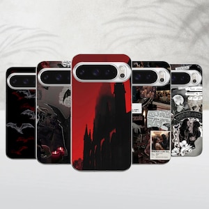 May include: Five smartphone cases featuring gothic-themed designs. The first shows black bats on a dark background. The second displays a collage of dark imagery. The third is a solid red with a black castle silhouette. The fourth is a collage with text including Dracula. The fifth is a black and white collage with bats and figures.