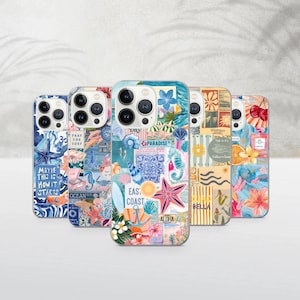 Può includere: Una collezione di custodie per telefoni con design colorati in stile collage. Ogni custodia presenta un motivo unico con elementi a tema oceano come stelle marine, cavallucci marini e accenti floreali. Alcune custodie includono testo come "Maybe This Is How It Starts".