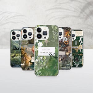 May include: A collection of phone cases with various designs. One case features the text "Fireheart. You do not yield." in a white rectangle. Other cases display images of landscapes, deer, and floral patterns. The cases have a glossy finish.
