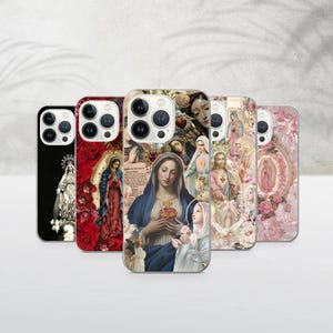 May include: A collection of five phone cases featuring religious artwork. The cases display images of the Virgin Mary, saints, and floral elements in various colors, including red, blue, and pink. The cases are arranged in a row.