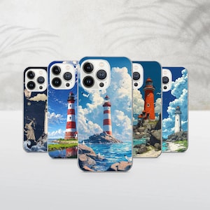 May include: A collection of phone cases featuring lighthouse designs. The cases showcase various lighthouses with different color schemes, including red and white stripes, set against blue skies, seas, and rocky landscapes. Some cases have additional elements like birds.