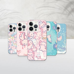 May include: Five phone cases with axolotl designs. The cases feature various patterns, including pink axolotls on a white background, pink bows, and aquatic scenes with axolotls in shades of blue and pink.