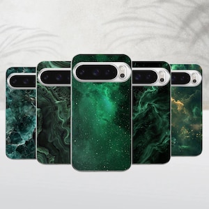 May include: Five smartphone cases arranged in a row, each featuring a distinct green-toned design. The patterns include dark marble textures, swirling liquid emerald waves, and a deep green nebula effect with scattered white star-like specks.