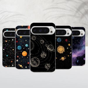 May include: Five rectangular phone cases featuring space-themed designs. The cases display various illustrations of planets, stars, suns, and nebulae against black backgrounds, with a prominent horizontal camera cutout at the top of each case.