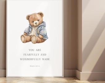 Christian Nursery Wall Art, Fearfully and Wonderfully Made, Psalm 139:14, Kid's Bible Verse to print, Vintage Scripture Decor, Teddy Bear