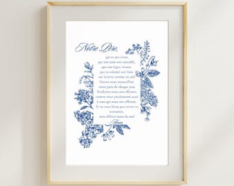 Lord's Prayer - Prayer in French - Catholic Digital Art to Print. Blue Flowers. Bible Verse Poster