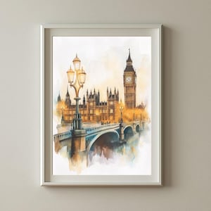 London Watercolor Wall Art | Big Ben and Westminster Bridge Digital Printable | Iconic London Cityscape for Home or Office Decor